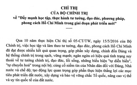 Chỉ thị của Bộ Chính trị về đẩy mạnh học tập, thực hành tư tưởng Hồ Chí Minh