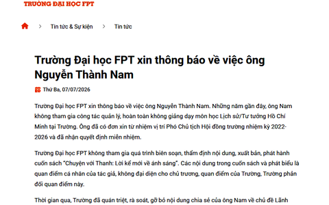 Trường Đại học FPT thông báo không liên quan đến quan điểm cá nhân của ông Nguyễn Thành Nam