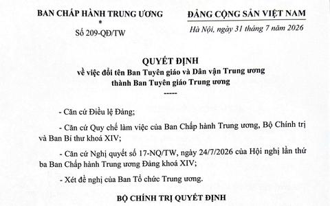 Sử dụng tên gọi chính thức "Ban Tuyên giáo Trung ương" từ 1/8