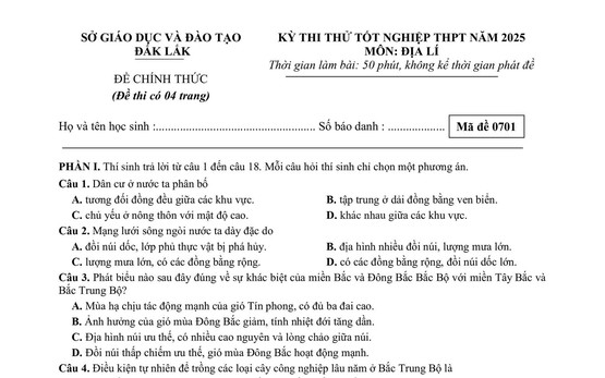 Đề thi thử tốt nghiệp trung học phổ thông môn Địa lí của Đắk Lắk